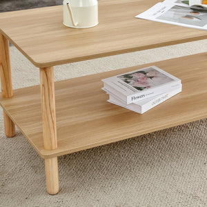 English Elm Modern 2-Tier Coffee Table with Open Shelf, Solid Wood + MDF, Rounded Legs, Durable Farmhouse Style Burly Wood W3226P279107