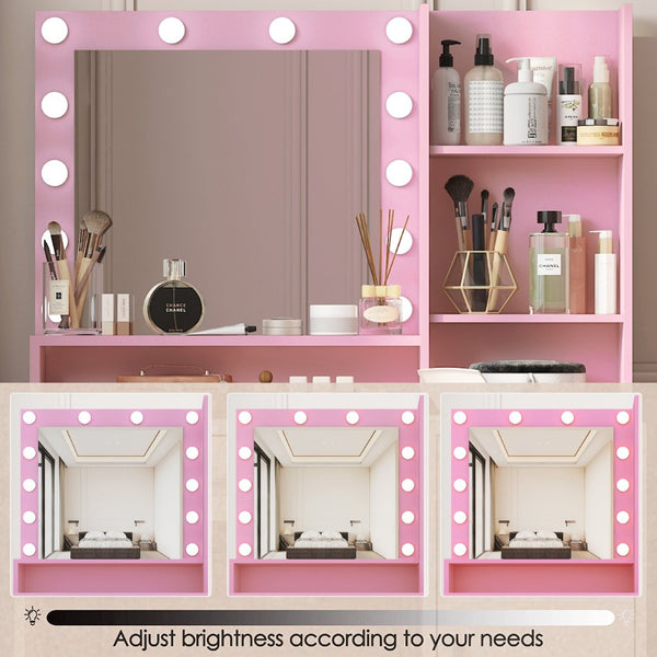 English Elm Vanity Desk With Adjustable Led Mirror, Large Storage, Elegant Pink Dressing Table For Glamourous Makeovers W2386P233036-GIGA