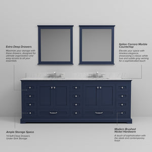 English Elm Navy Blue Double Bath Vanity 84" W With Carrara Marble Top, Faucets, And Elegant Mirrors Included B2731S01041