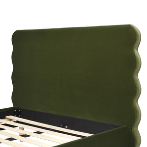 English Elm Stockholm Modern Wavy Headboard Platform Bed, Queen, Olive Green Performance Velvet