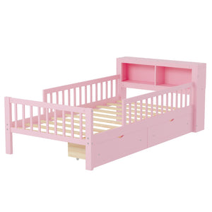 English Elm Twin Size Bed With Pink Finish, Headboard Storage, Under-Bed Drawers & Guardrails For Kids' Safety N733P272374H-GIGA