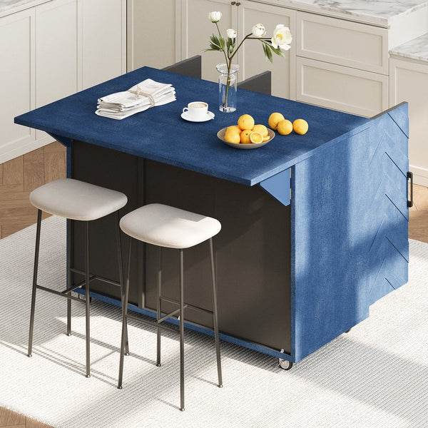 English Elm K&K Farmhouse Kitchen Island with 3D Wave Stripes Ash Veneer, Drop Leaf, Rolling Cart Storage Navy Blue N707P207915E