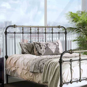 English Elm Transitional Full Metal Bed Ornate Spindle Frame with Hand-brushed Gold Accents B2741P476064