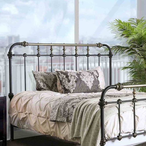 English Elm Transitional Metal King Bed Spindle Headboard in Black with Gold Accent Detail B2741P476063