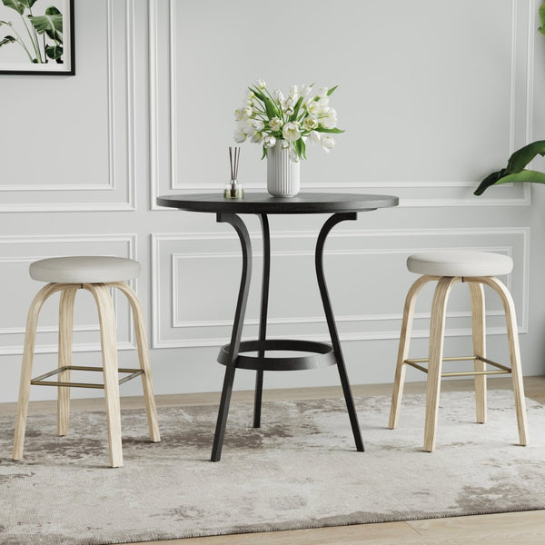 English Elm Swivel Backless Counter Stools Set of 2 with Fabric Seat Bentwood Legs Mid-century Modern Beige W3107P446882