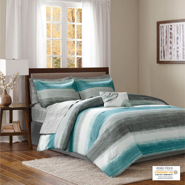 JLA Home Madison Park Essentials - 9 9-Piece Watercolor Stripe Comforter Set with Cotton Sheets, Antimicrobial, OEKO-TEX Certified, Plush MPE10-696