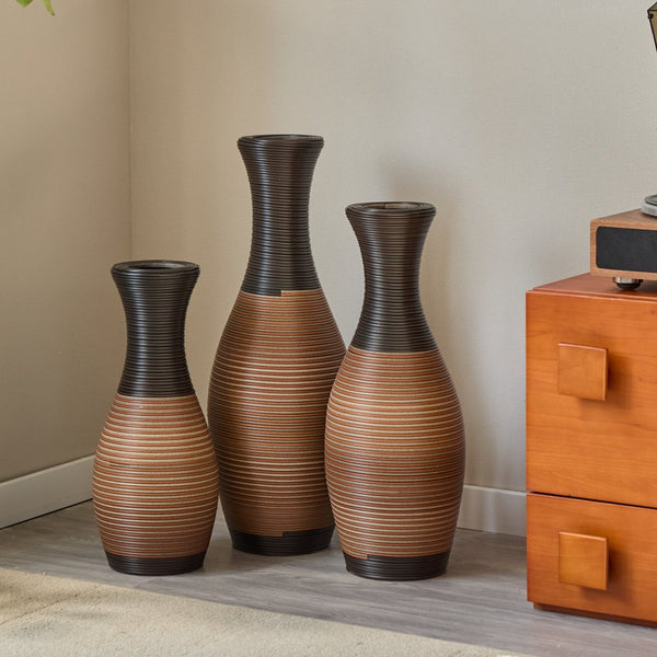 English Elm Set of 3 designer floor vases in Grey+Brown PVC, modern rattan-look tall decor for hallways & living rooms W2796P261496