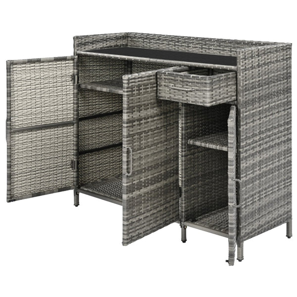 English Elm K&k Outdoor Wicker Bar Cabinet with Tempered Glass Top Adjustable Shelving and Drawer Grey N707P233745G