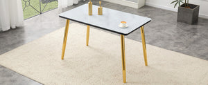 English Elm Modern Marble Look Glass Top Dining Table with Gold Tapered Legs Seats Six W1151S04619