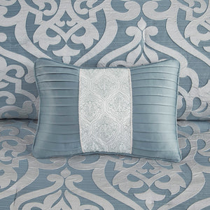 English Elm 8 Piece Jacquard Comforter Set - Luxurious Aqua/Silver Queen Ensemble For Elegant Bedroom Makeover B035128882