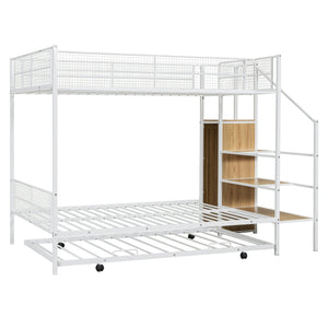 English Elm Twin Metal Bunk Bed with Trundle, Lateral Storage Ladder & Wardrobe | Space-Saving Durable Design White SF000173AAK