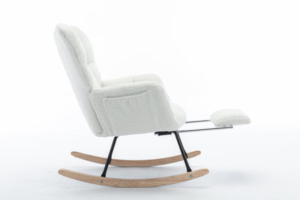 English Elm 067-teddy Fabric High Back Nursery Rocking Chair with Adjustable Footrest and Storage Pocket Ivory W527P420892