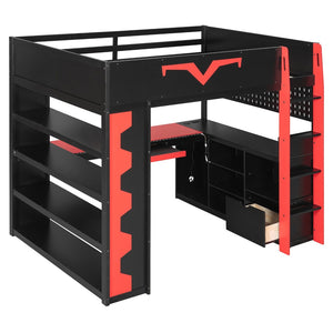 English Elm Full Size Gaming Loft Bed with Desk Rgb Lighting Power Outlet and Storage Drawer Red LT000285AAJ