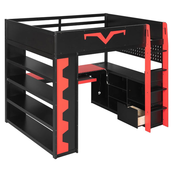 English Elm Full Size Gaming Loft Bed with Desk Rgb Lighting Power Outlet and Storage Drawer Red LT000285AAJ