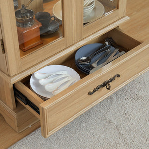 English Elm Glass Lighted Curio Cabinet with Adjustable Glass Shelves, 2 Doors 1 Drawer, Oak Finish, Bulb Included and Anti-Tip Safety Strap for Secure Display of Collectibles W2275P178890