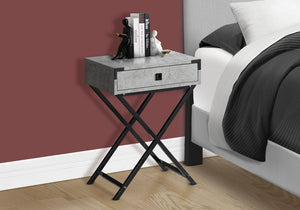 English Elm Accent Table Grey Laminate with Storage Drawer & Black Metal X Legs — Contemporary Retro Nightstand B2710P219332