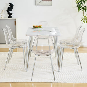 English Elm Table and Chair Set Marble Glass Top Six Ghost Seats Silver Legs Modern Dining W1151S04644