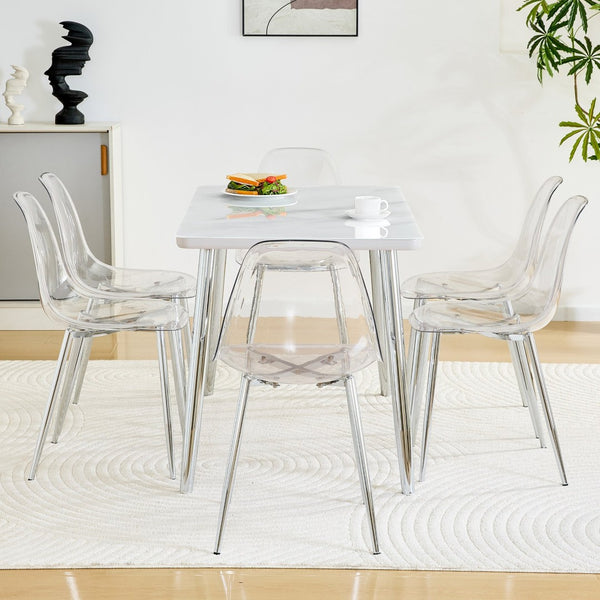 English Elm Table and Chair Set Marble Glass Top Six Ghost Seats Silver Legs Modern Dining W1151S04644