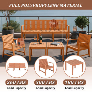 English Elm 5-Piece Outdoor/Indoor Furniture Set with Weatherproof PP, 3-Seater Sofa, 2 Chairs, Easy Assembly, Space-Saving Nesting Tables Apricot Brown W3450S00001