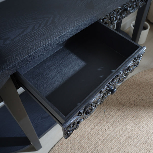 English Elm 59.2in Black Carved Wooden Console Table with Drawer & Lower Shelf — Elegant Entryway Storage Accent W2729P270742