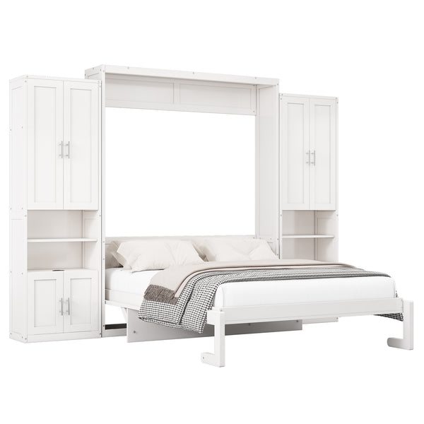 English Elm Full Murphy Bed with Desk & 2 Bookshelves, USB Ports, Adjustable Shelves, 600LB Capacity White BS7013008109C