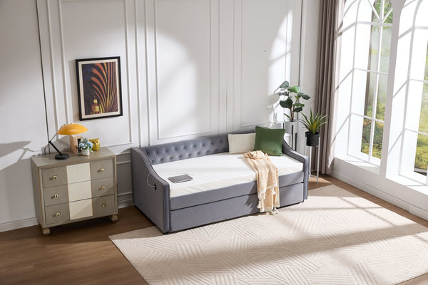 English Elm Twin Velvet Daybed with Pull Out Trundle Tufted Back Usb Port and Side Pockets Grey W1361S00036