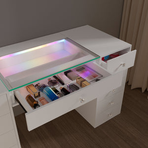 English Elm 51.2" Vanity Desk Modern Glass Top with RGB Strip, 11 Drawers, Smart Touch, 6-Mode LED Ambiance W3660S00002