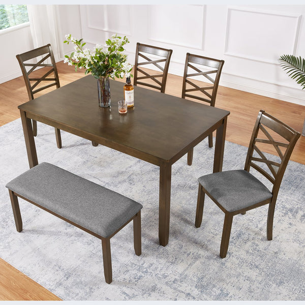 English Elm Elegant 6-Piece Wooden Dining Set With 4 Upholstered Chairs & Bench - Modern Walnut Finish, Comfort & Style W1998S00071