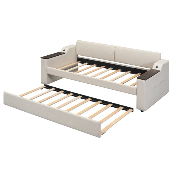English Elm Twin Upholstery Daybed with Trundle, Storage Arms & USB Charging, Beige Linen, Durable Pine Frame SM000547AAA