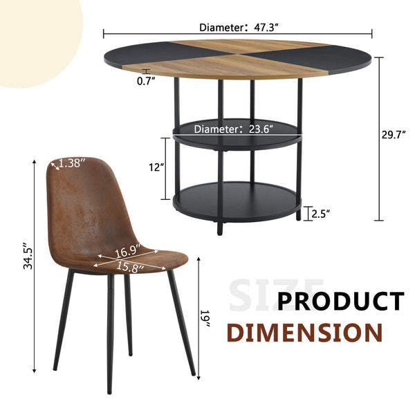 English Elm Table and Chair Set Round Geometric Mdf Dining with Storage Shelf and 6 Fabric Seats W1151S04077
