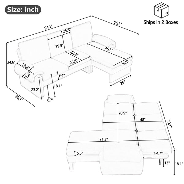 English Elm 94.1" Convertible Futon Sofa Bed L-Shaped Chenille Sleeper with Reversible Chaise, Adjustable Backrest and Pillows Gray N719S001770E
