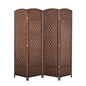 English Elm 4 Panel Room Divider Folding Screen Privacy Partition Wood Woven Panels Portable Rustic Room Splitter Walnut Brown W3198P299258