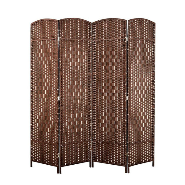 English Elm 4 Panel Room Divider Folding Screen Privacy Partition Wood Woven Panels Portable Rustic Room Splitter Walnut Brown W3198P299258