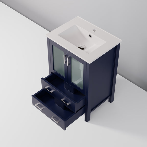 English Elm Navy Blue Bath Vanity - 24" W X 18.25" D, Elegant White Ceramic Top & Organized Storage Solution B2731P260415