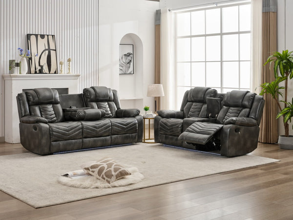 English Elm Ms Two Piece Manual Reclining Sofa Set Faux Leather Led Ambient Living Room Grey W1805S00177