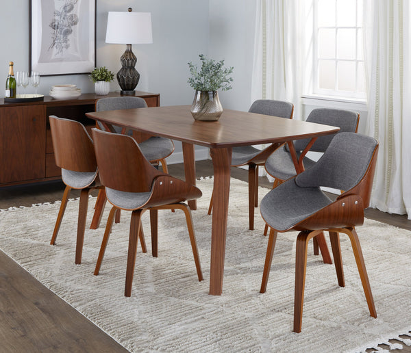 English Elm Folia Mid-Century Modern 7-Piece Dining Set with Walnut Table and Upholstered Fabric Chairs, Sleek Design Grey,Multicolor B202S01438