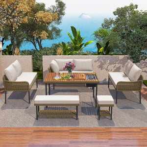 English Elm K&K 6-Piece Rope Patio L-Shaped Sectional Set with Acacia Wood Ice Box Table and Deep Cushions Beige+Brown N707S000014Z