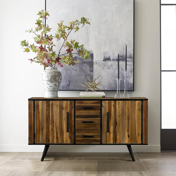 English Elm Dorvelle Rustic Acacia Buffet Cabinet 57" Wide Brown Wood & Metal with Soft-Close Drawers, 57"W B2736P354316