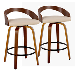 English Elm Grotto 26" Mid-Century Counter Stool Set of 2 — Swivel Faux Leather Cream Seats, Walnut Legs & Black Footrest B202S00315