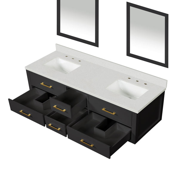 English Elm Black Double Bath Vanity Set With White Quartz Top, 72" Width, Soft-Close Doors & 34" Mirrors B2731S01575