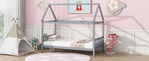 English Elm Twin House Shaped Kids Bed Solid Rubberwood Platform Frame with Storybook Silhouette W504P363901