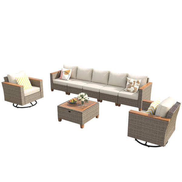 English Elm K&K 8-Piece Wicker Patio Set with 360° Swivel Rockers, Acacia Storage Table, Durable Cushions Beige+Brown N707S000016Z