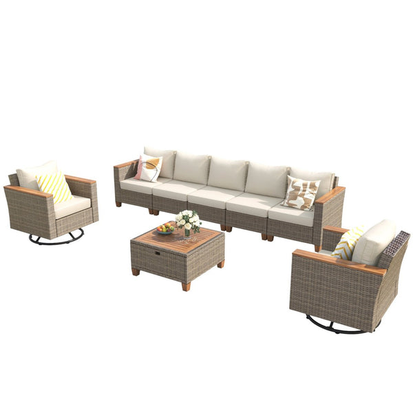 English Elm K&k 8 Piece Outdoor Wicker Sectional Set with Swivel Rockers and Acacia Storage Table Beige+Brown N707S005016Z