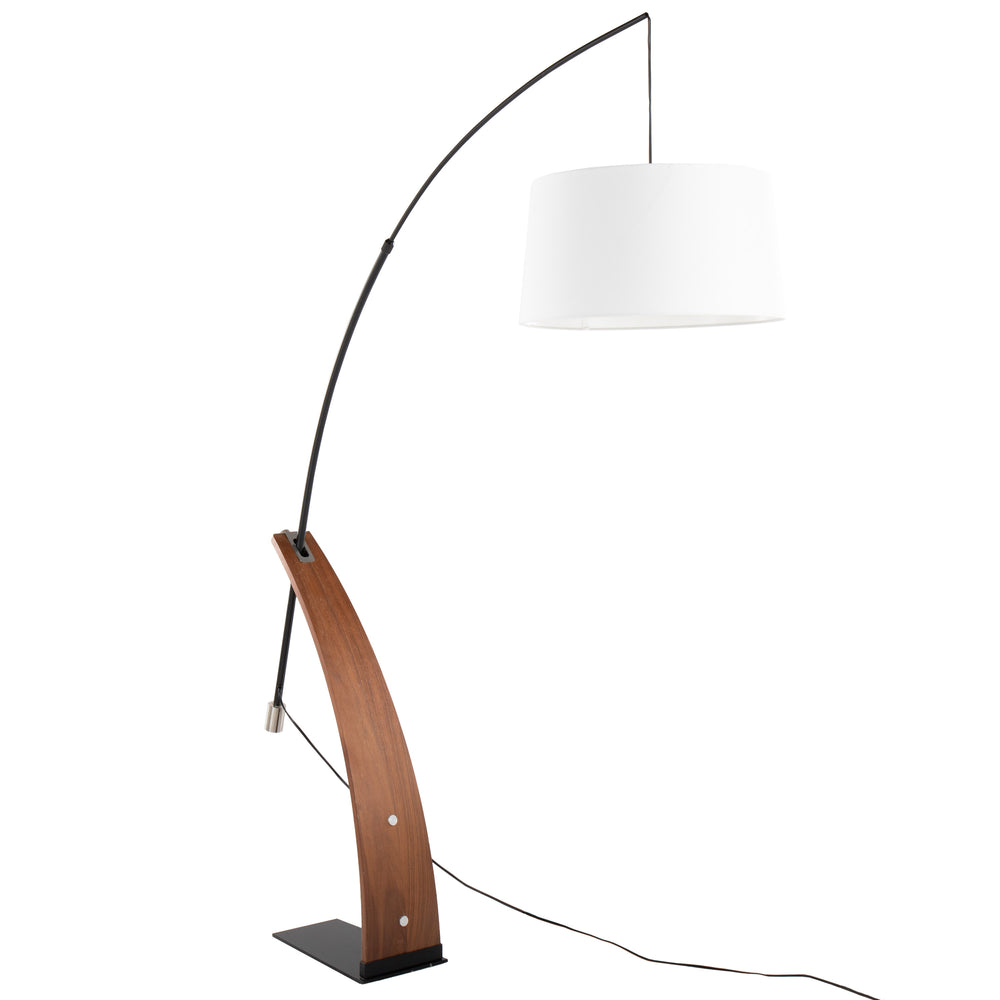 English Elm Robyn Mid-Century Floor Lamp — Walnut Bent Wood Accent, Black Metal Arch, White Linen Shade, LED Included B202S01359