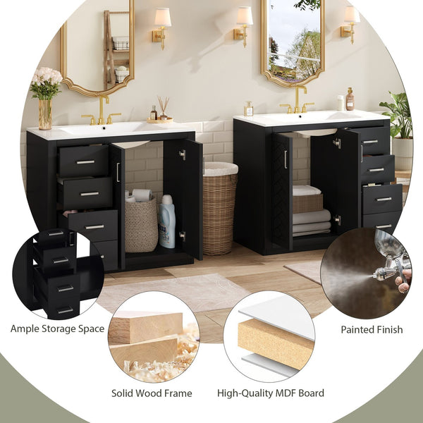English Elm 72'' Bathroom Vanity With Ceramic Sink - Solid Wood Freestanding Storage Cabinet & Soft-Close Drawers N710SS00015B