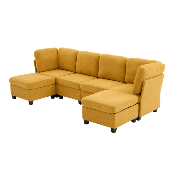 English Elm UNITED Modular 6-Seat Sectional Sofa with Removable Ottoman, Storage Compartments, Convertible Comfort Mustard yellow W1568S00247