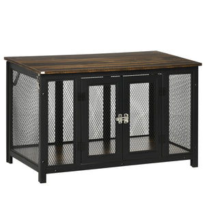 English Elm PawHut Furniture Style Dog Crate End Table with Flip-Up Roof, Sturdy 132 lb Top, Spacious Pet Kennel Brown W2225P200464