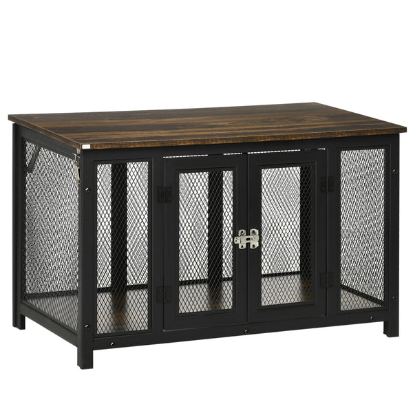 English Elm PawHut Furniture Style Dog Crate End Table with Flip-Up Roof, Sturdy 132 lb Top, Spacious Pet Kennel Brown W2225P200464