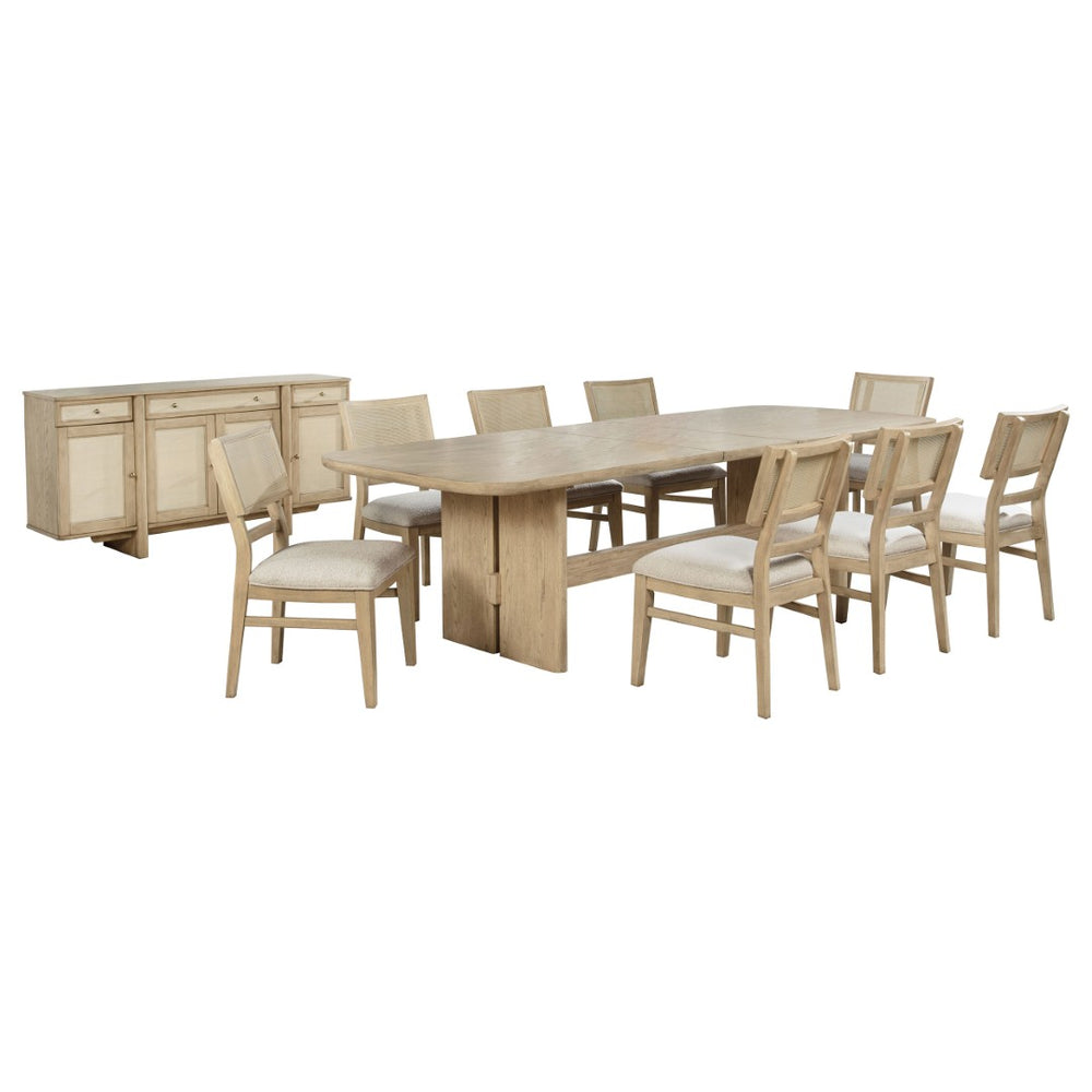 English Elm Beige Oak Coastal Dining Set with Cane Back Chairs and Extension Leaf Seats Six B062S01837