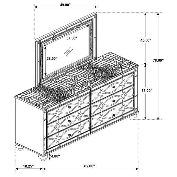 English Elm Arabesque Six Drawer Glam Dresser with Led Fretwork Mirror for Primary Bedroom B062S01731